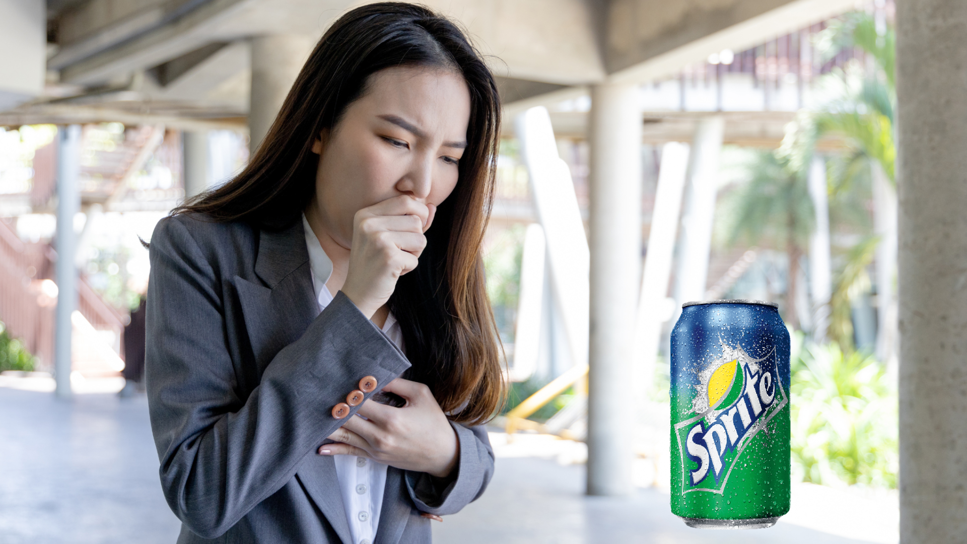girl with sore throat with sprite can on her left side