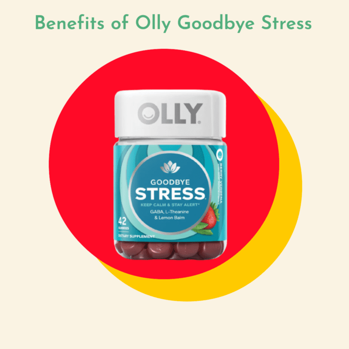 Olly Goodbye Stress Supplement in a two circle with light yellow background with the green wriiten text "Benefits of Olly Goodbye Stress"
