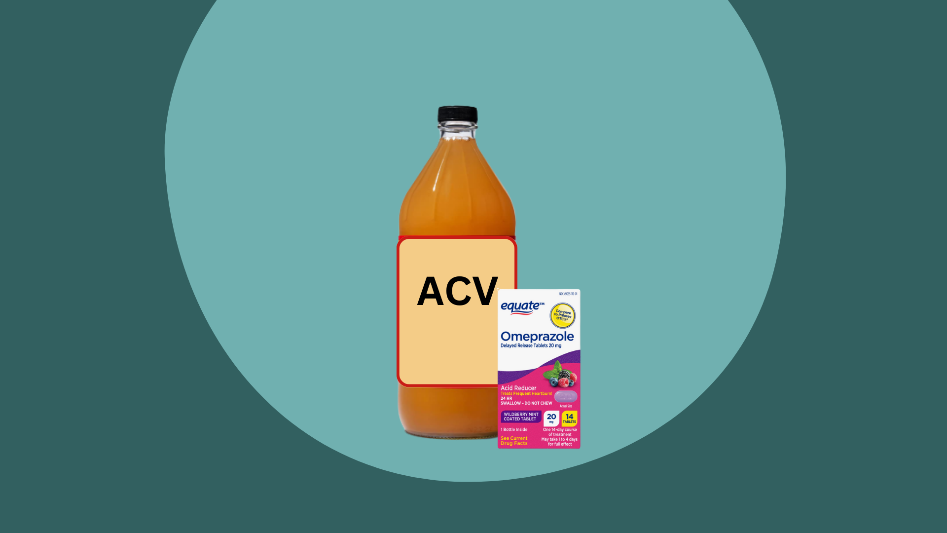 ACV bottle and Omeprazole are together in a light green circle with a dark green background colour