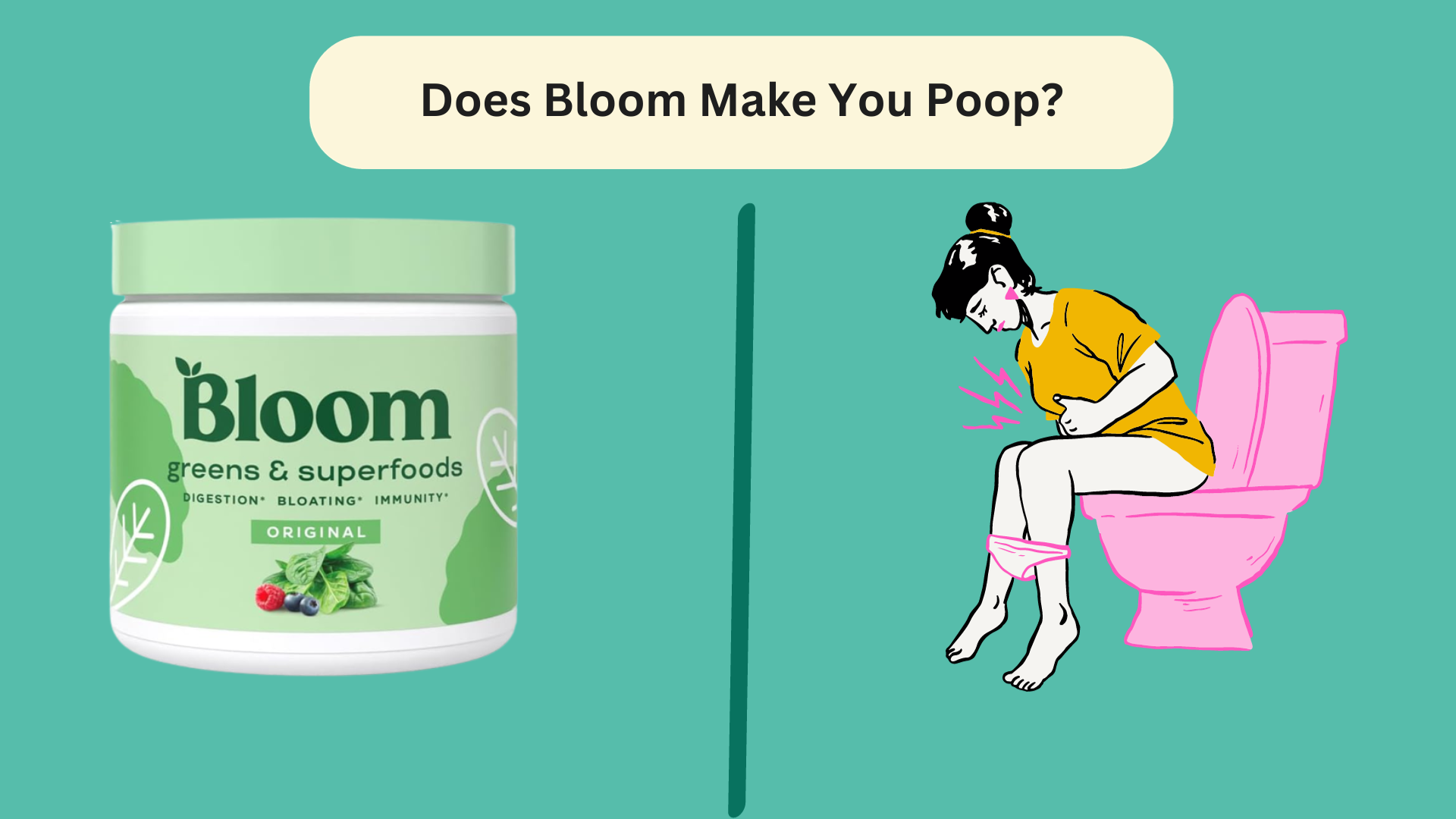 Bloom Nutrition supplement with women holding her tummy over a toilet seat