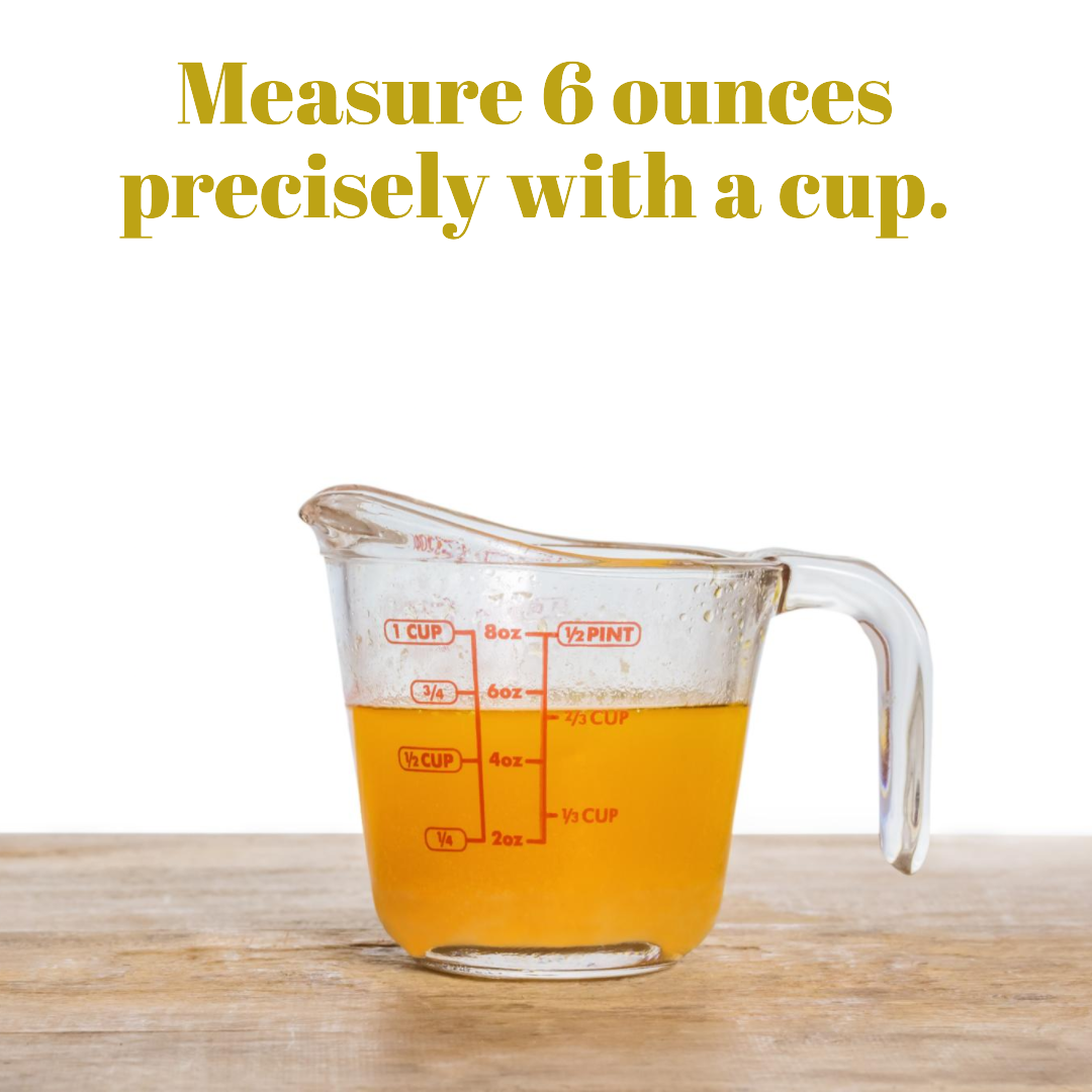Cups with measuring values of ounces to cup on a white background with yellow text Using a cup, precisely measure 8 ounces 